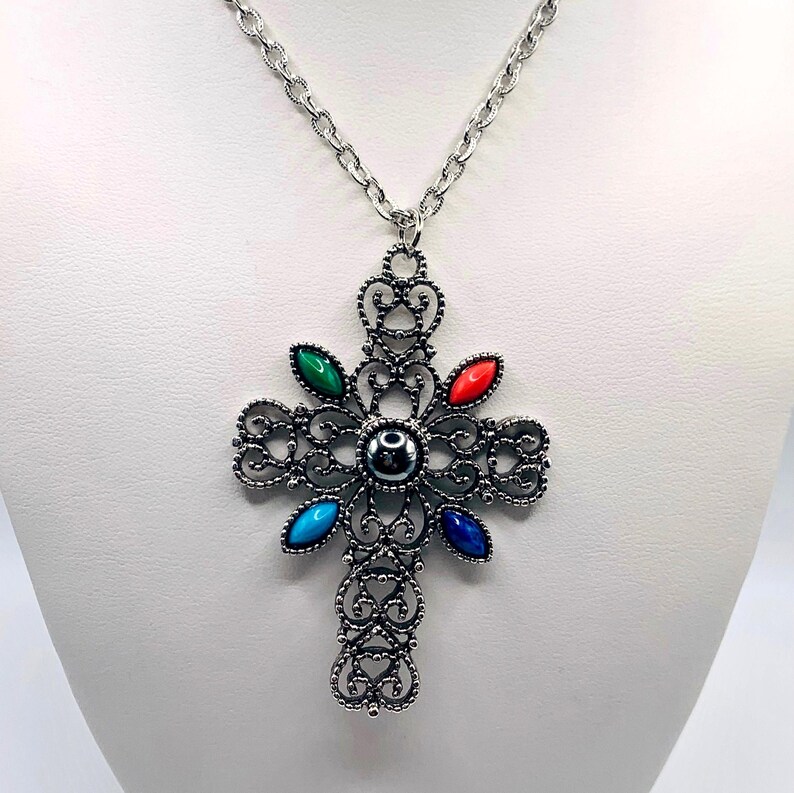 Vintage Signed Avon Ornate Cross Necklace- Large Silver Tone Colorful Statement Pendant image 12