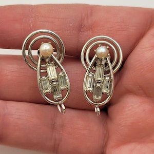 Vintage Sterling Silver, Rhinestone, and Cultured Pearl Earrings - Geometric Silver Earrings with Prong Set Pearls - Symbol of Hope - K#385