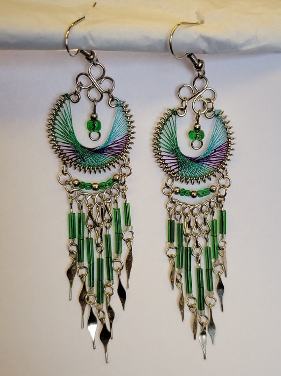 Hand Made Woven Beaded Dangle Earrings - Green, P… - image 1