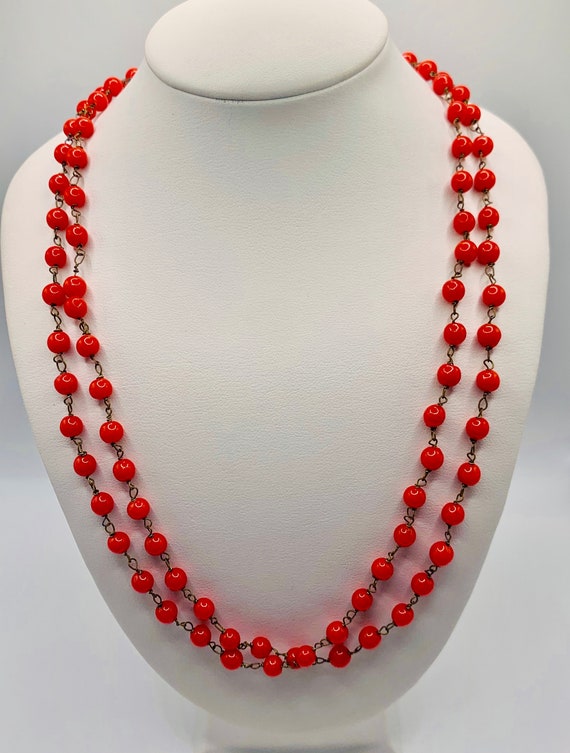 Vintage Red Orange Poppy Colored Glass Beaded Neck