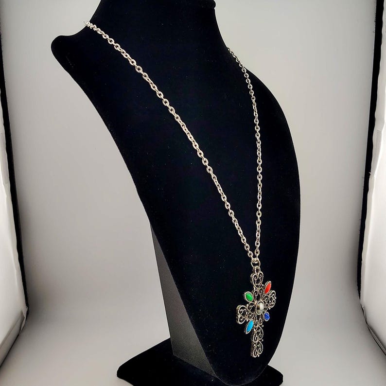Vintage Signed Avon Ornate Cross Necklace- Large Silver Tone Colorful Statement Pendant image 5