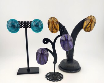 Vintage 80s Colorful Abstract Scupltural Post Earrings Marbled Plastic Set 3 Pairs