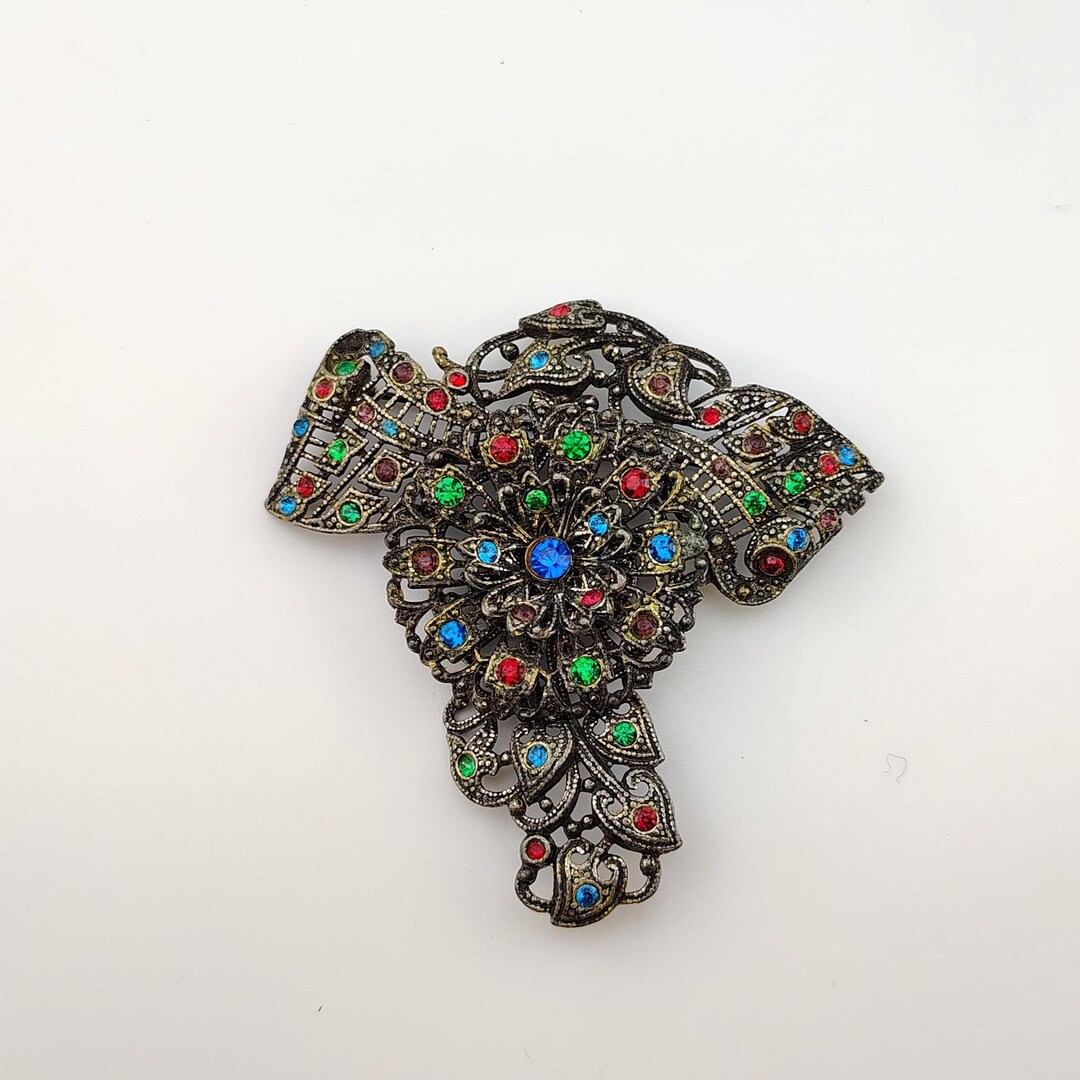 Antique 1930s Art Deco Floral Filigree Brooch- Multi Color Rhinestone ...