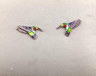 Vintage Sterling Silver Enameled Hummingbird Stud Earrings