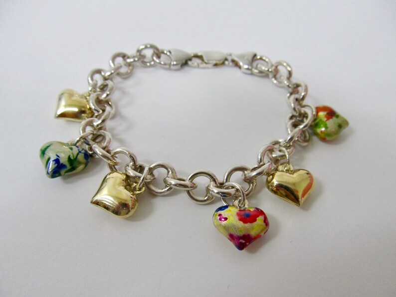 Retro 925 Sterling Silver Dangling Heart Charm Bracelet Item K # 1870