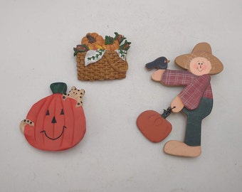 Vintage Fall Harvest Pumpkin Patch Oversized Scarecrow, Jack O'lantern, and Pumpkin Basket Brooch/ Pin Set of 3- Cute Autumn Jewelry K#943