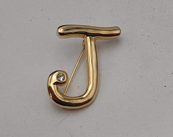 Vintage Gold Tone Puffy Balloon Style Initial J with Clear Rhinestone Accent Pin- Initial Jewelry- J Pin Gift Topper- Name Change Gift K#763