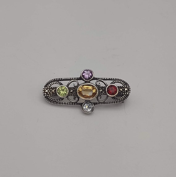 Colorful CZ Openwork Ornate Silver Brooch- .925 S… - image 3