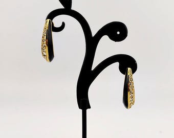 Vintage Signed Trifari Black Enamel & Rhinestone Gold-Tone Semi-Hoop Earrings