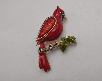 Napier Vintage Enameled Red Cardinal Pin with Textured Plastic Wing- Vintage Designer Costume Jewelry- Red Cardinal Bird Brooch K#743