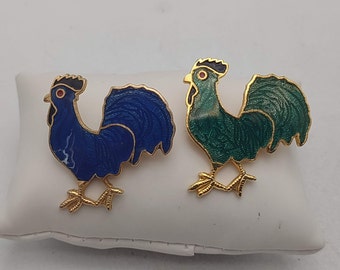 Cute Set of Two Rooster Pins- Blue and Green Roosters- Rooster Collector- Bird Lover- Farmer Gift Topper- Vintage Costume Jewelry K#1142