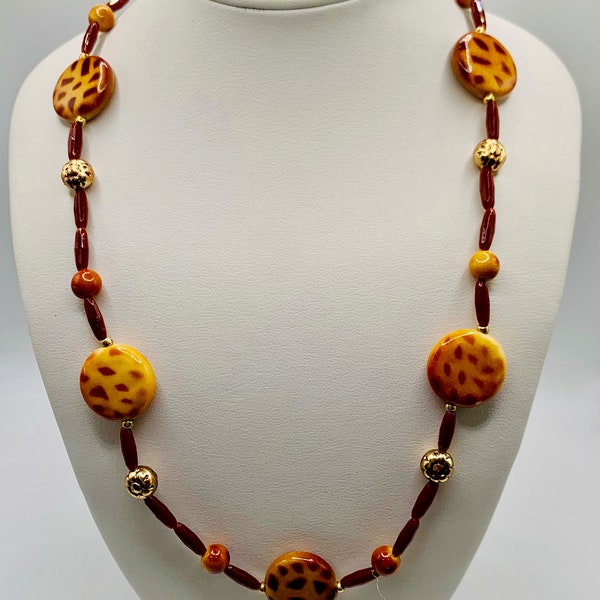 Vintage Tan and Cinnamon Beaded Necklace Item K # 2028