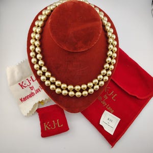 Vintage Kenneth Jay Lane Golden Champaign Faux Pearl Hand Knotted Statement Necklace- Original Bags and Cleaning Cloth- KJL Gift Set K#1160