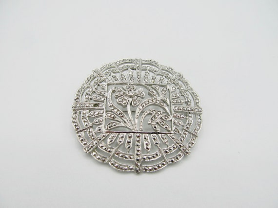 Vintage Sterling Silver Floral Marcasite Pin Item… - image 1