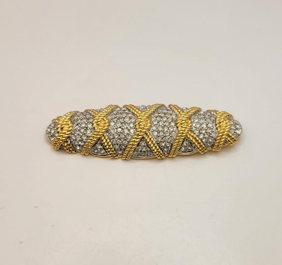 Swarovski Pavé Sparkling Crystal Bar Pin Oblong Vintage Gold Brooch with  Pave Set Shimmering Clear Rhinestones and Rope Detail
