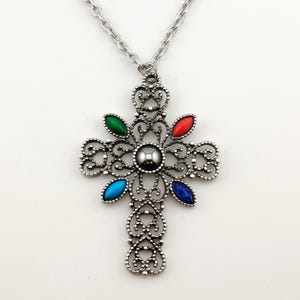 Vintage Signed Avon Ornate Cross Necklace- Large Silver Tone Colorful Statement Pendant image 1
