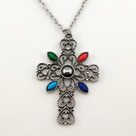 Vintage Signed Avon Ornate Cross Necklace- Large Silver Tone Colorful Statement Pendant