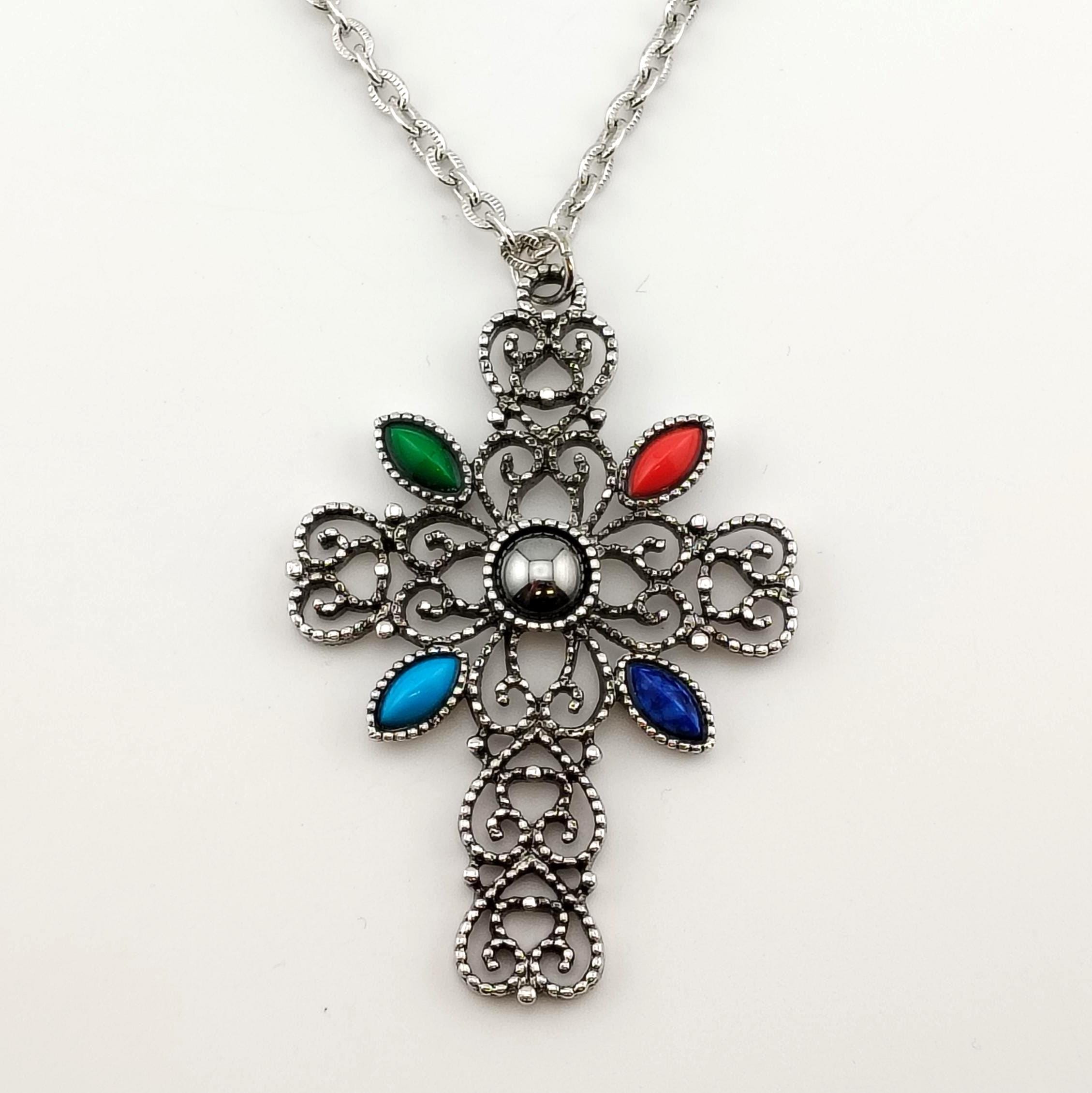Vintage Signed Avon Ornate Cross Necklace- Large Silver Tone