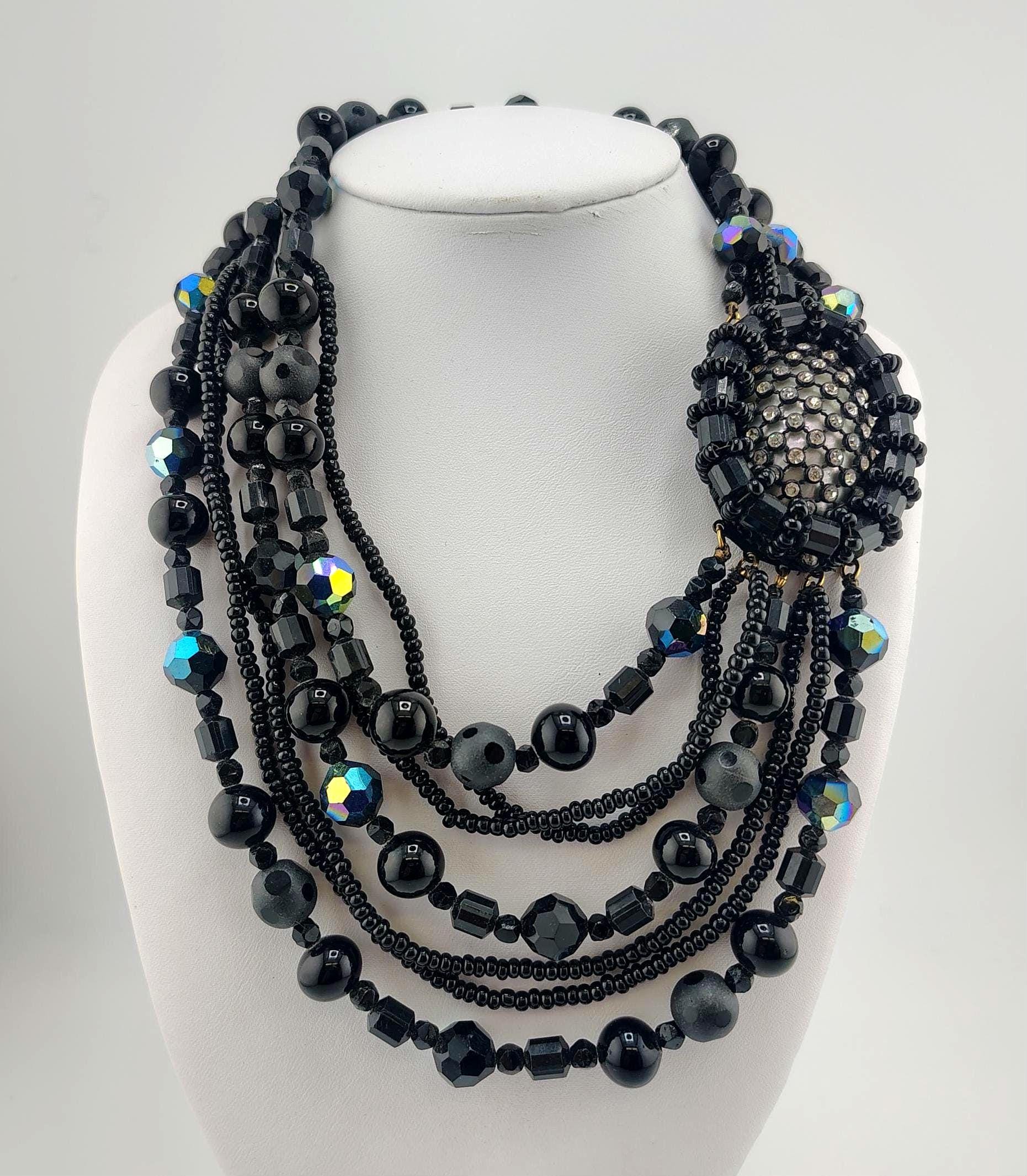 い*し様 ビンテージ　Hattie Carnegie ガラスビーズ 3連 ネック Hattie Carnegie Vintage Black Carnival Glass Beaded Necklace