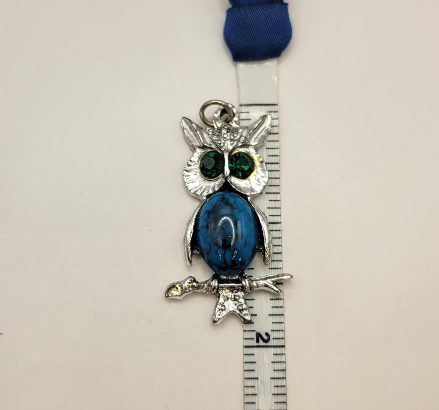 ヴィンテージフェイクターコイズとラインストーンのフクロウネックレス