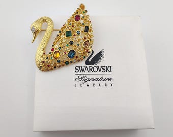 Swarovski Swan Brooch, Multicolor Crystal, Vintage Costume Jewelry (Original Box)