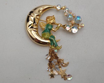 Kirks Folly Pipe Dream Fairy op Crescent Moon Blazende Bellen Grillige Broche - NWB - Vintage Designer Kostuum Sieraden Collector Gift K #2885