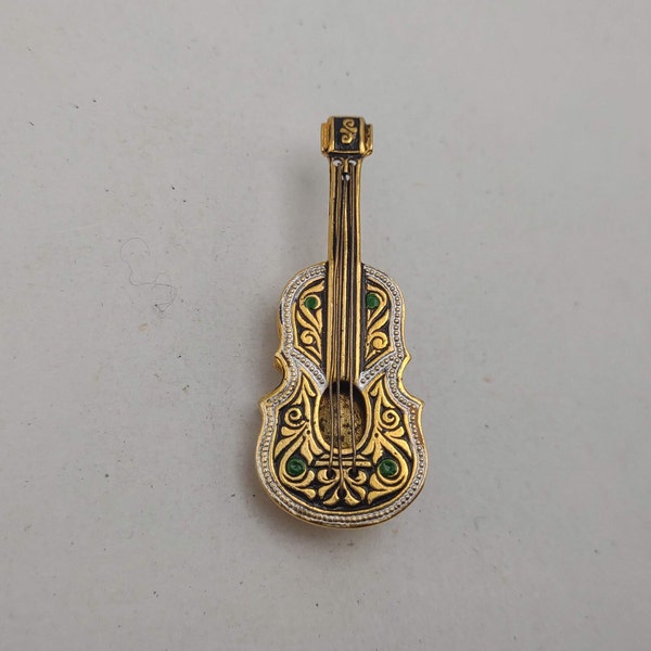 Spain Marked Guitar with Strings Damascene Pin- Guitar Teacher and Music Teacher Gift- Guitar Player Gift- Vintage Damascene Jewelry- K#442