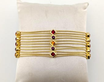 Vintage Napier Multi Strand Gold Tone Bracelet with Jewel Tone Rhinestones / Multi-Row Snake Chain