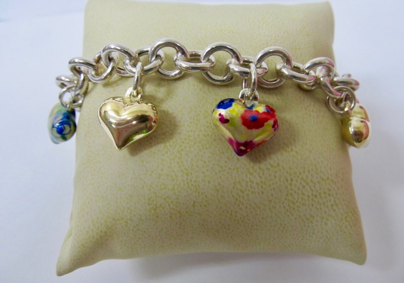 Retro 925 Sterling Silver Dangling Heart Charm Bracelet Item K # 1870