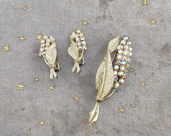 Signed Pell Vintage Aurora Borealis Rhinestone Floral Spray Demi-Parure Set