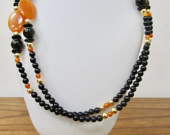 Vintage Black and Orange Plastic Beaded Necklace