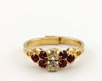 Vintage 1960s Signed Sarah Coventry Cluster Ring Gold Tone Red and Clear Stone Adjustable