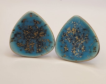 Vintage Blue and Gold Ceramic Cuff Links - Bright Blue Guitar Pick Shaped Cuff Links with Metallic Gold Flecks and Gold Hardware - K#397