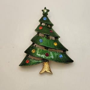 Enameled Rhinestone Christmas Tree Pin - Green Enameled Evergreen Tree Decorated for Christmas with Multi-Colored Rhinestones Brooch- K#2128