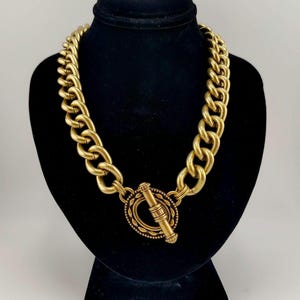 Retro Chico&#39;s Chunky Link Statement Necklace- Faux Toggle Clasp- Bold Gold Tone Chain- Vintage Modernist Style- Gift for Her K#1088
