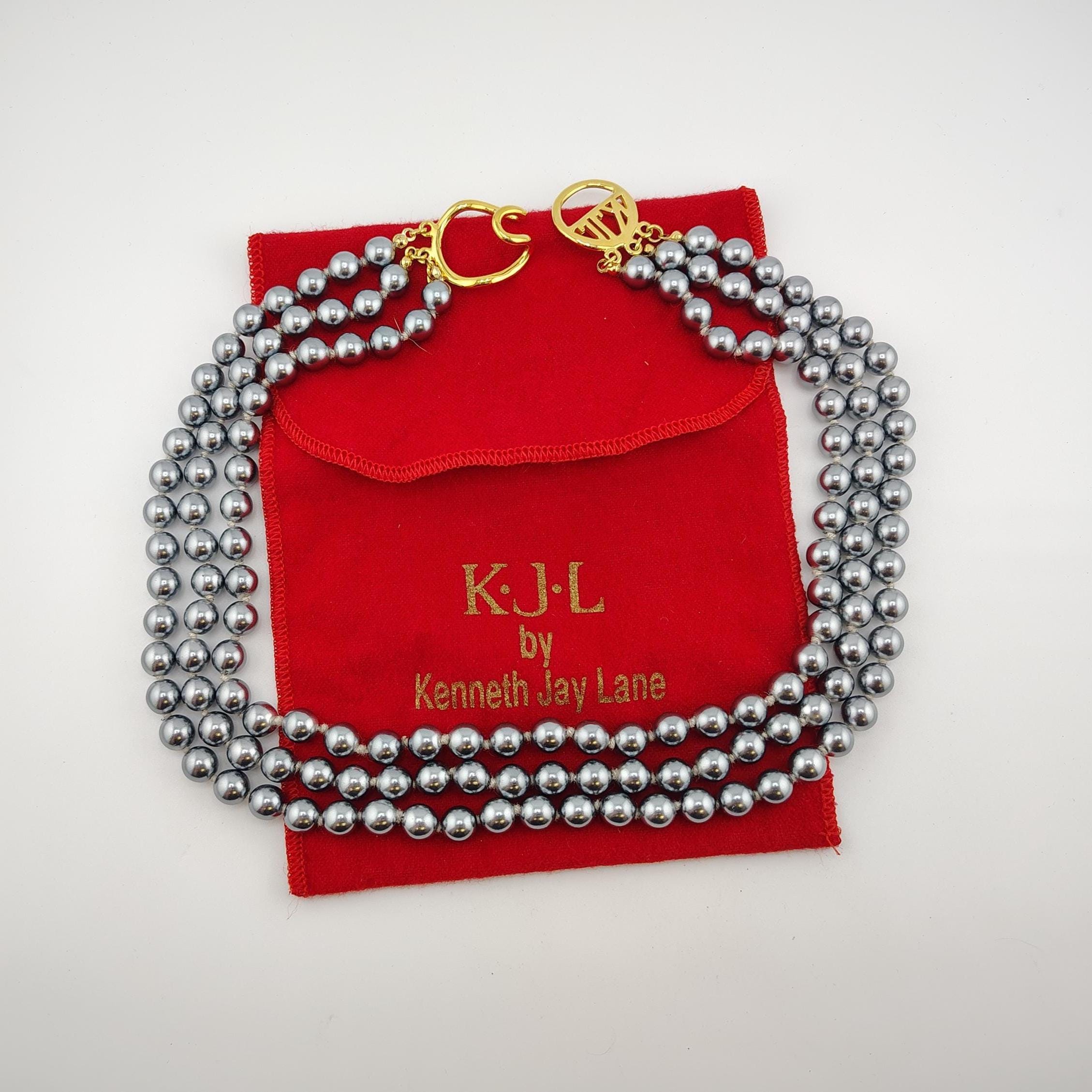 KJL Kenneth Jay Lane Faux Gray Pearl Triple Strand Necklace 