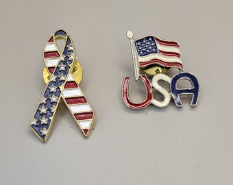 Retro Patriotic Pin Set- American Flag Ribbon Pin- USA Pin- Proud American Pin Set- Stars and Stripes Pin Set- Flag Ribbon Lapel Pin K#993