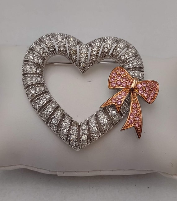 Vintage Joan Rivers Sparkling Heart with Pink Bow… - image 1
