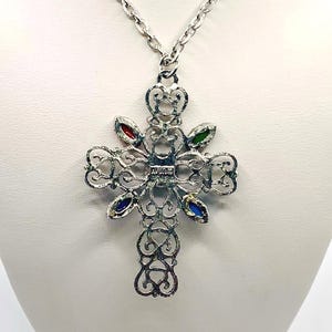 Vintage Signed Avon Ornate Cross Necklace- Large Silver Tone Colorful Statement Pendant image 13
