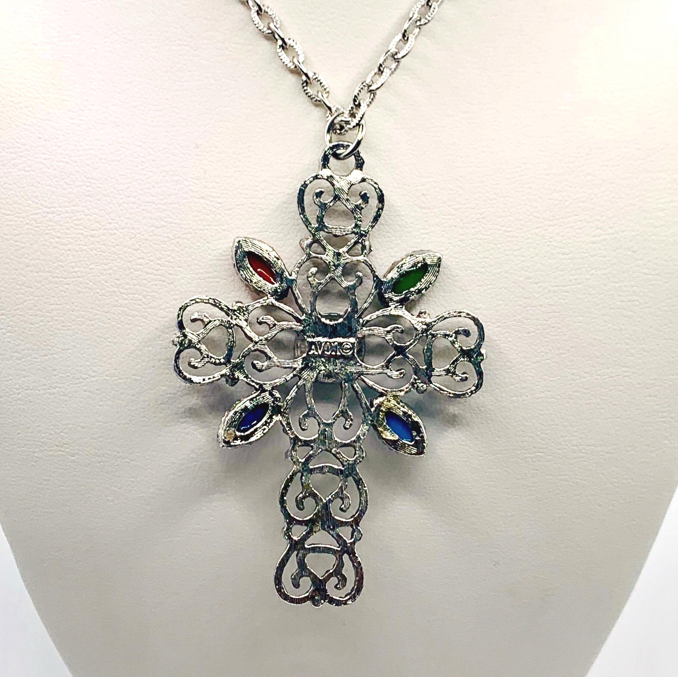 Vintage Signed Avon Ornate Cross Necklace- Large Silver Tone