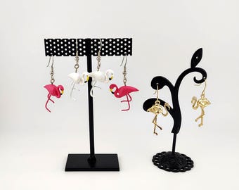 Three Pairs Vintage Flamingo Dangle Earrings Gold Tone Pink White Enamel Rhinestone Tropical Lot