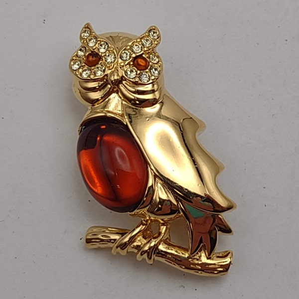 Designer Monet Gold Plated Jelly Belly Style Amber Brown Cabochon Owl Brooch- Vintage Costume Jewelry- Owl Lover Gift- K#585