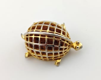 RESERVED UNTIL 5/26/26 Vintage DeNicola Signed Gold Tone Turtle Brooch Caged Shell Orange Beads Figural