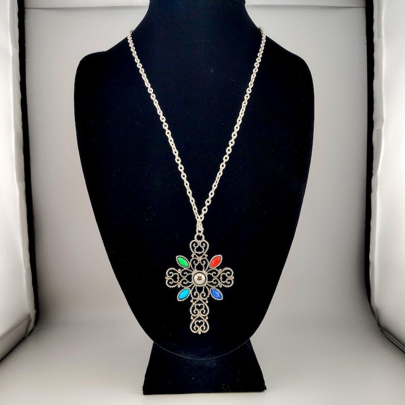 Vintage Signed Avon Ornate Cross Necklace- Large Silver Tone Colorful Statement Pendant image 3
