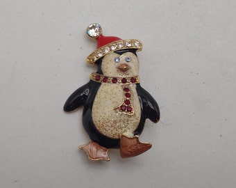 Sparkling Penguin Wearing A Santa Hat Christmas Brooch- Holiday Penguin Pin- Vintage Costume Jewelry- Gift Topper- Penguin Lover Gift K#718