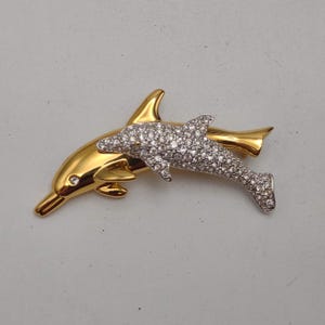 Vintage Designer Swarovski Clear Crystals Dolphins Swimming Brooch- Swan Logo Swarovski Jewelry- Dolphins Lover Pin Gift K#571