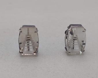 Japanese Pagoda Carved Rock Crystal Earrings in Sterling Silver Screw Back Frames- Vintage Estate Jewelry- Friendship Earrings K#1009