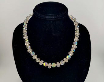1950s Vintage Aurora Borealis Bead Necklace - Faceted AB Glass, 16 Inch