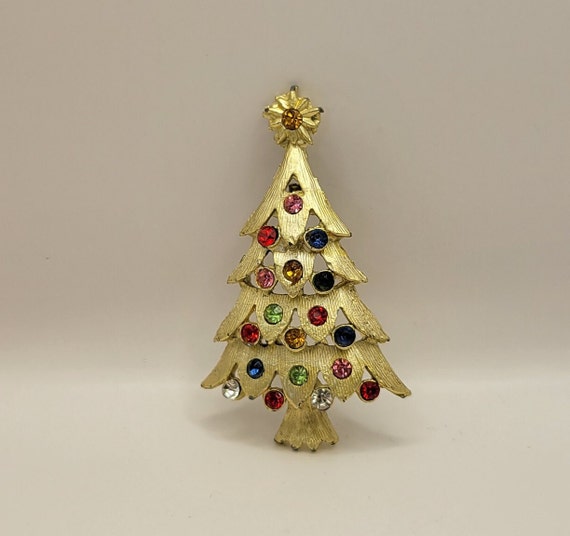 Vintage Colorful Rhinestone Christmas Tree Pin - … - image 3