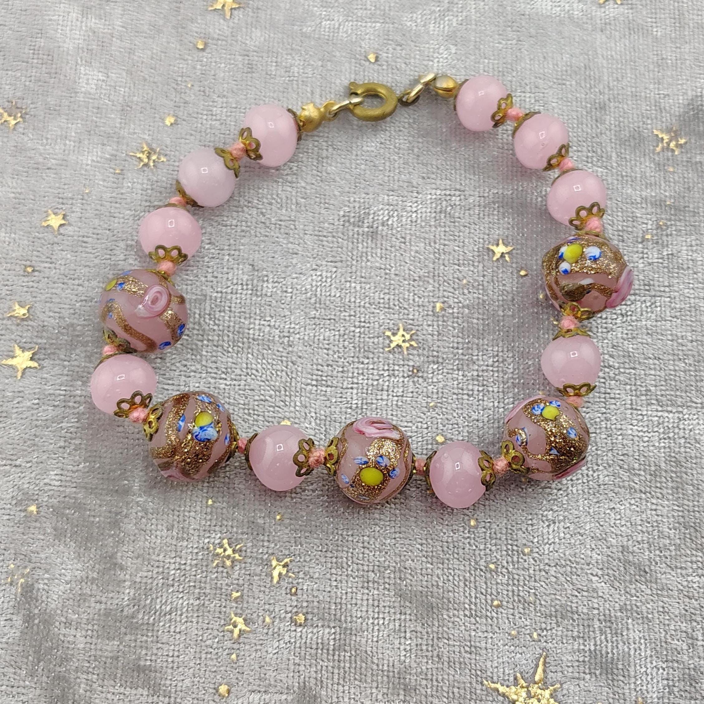 Vintage Pink Venetian Glass Beaded Bracelet - Murano Art Glass Lampwork Jewelry- Italian Pink Rose Hand Knotted Bead Bracelet K#470